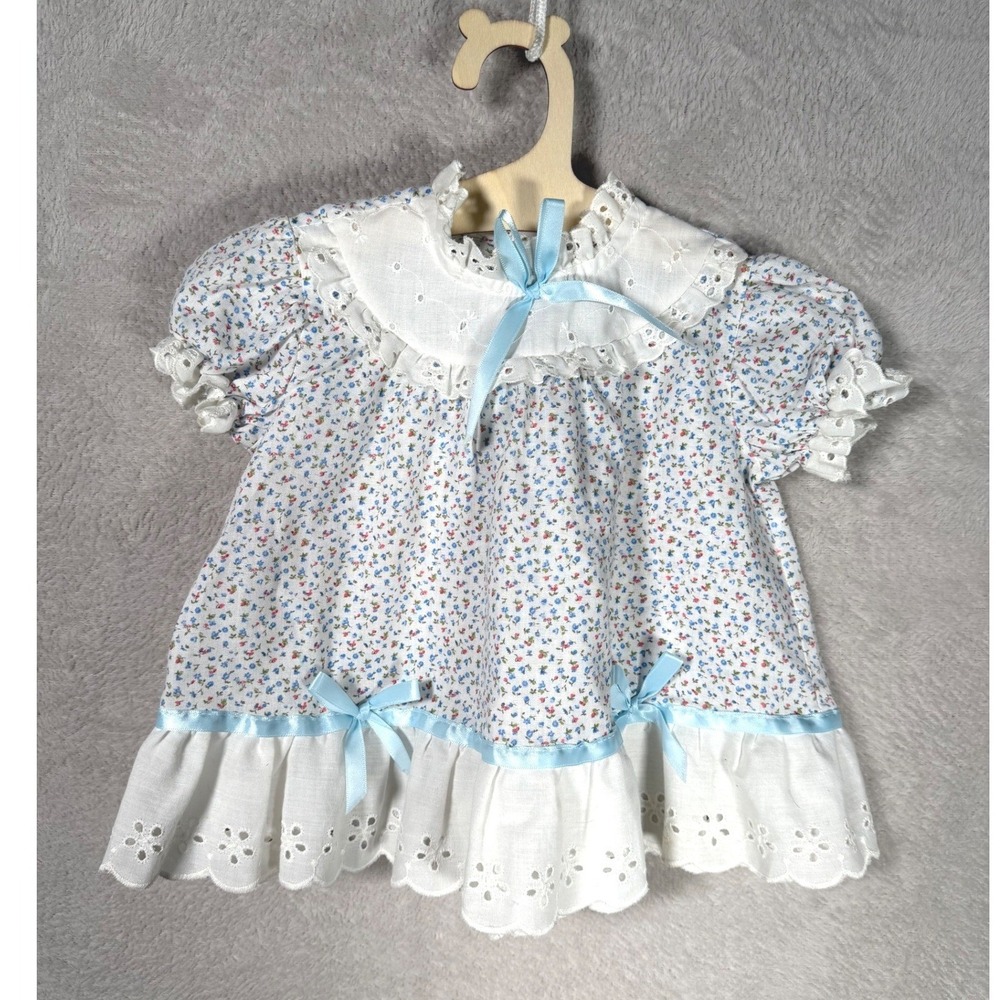 Vintage Haddad Brothers Baby Dress Floral Eyelet Lace Blue Ribbon Prairie 9-12M